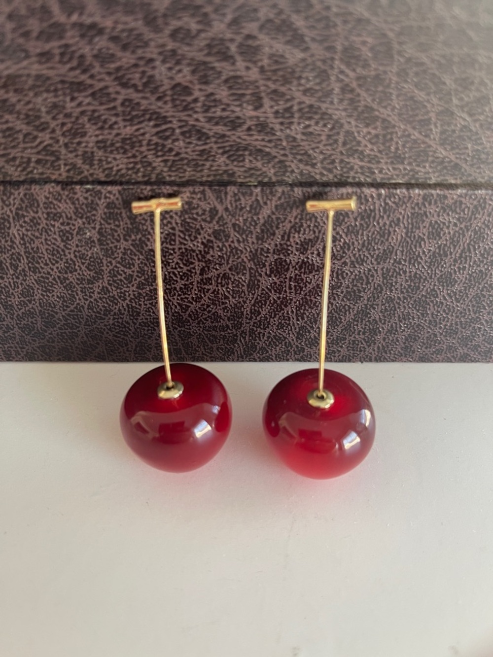 Gold Drop Cherry Earrings - Red Cherry Dangle